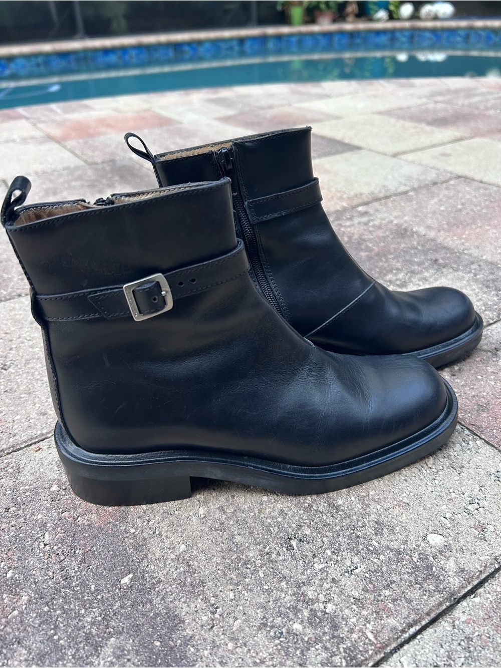 Coach Black Leather Moto Ankle Boots VGUC with Buckle Detail Side Zipper 5 1/2